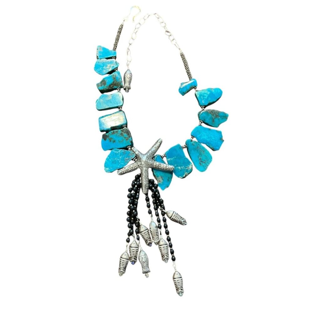 Vintage Turquoise & Silver Starfish Pendant Necklace With Fish Charms